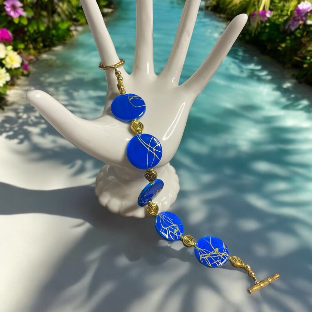 Repurposed Handmade Enamel over Shell and Gold Tone Bracelet